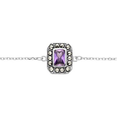 Bracelet en argent rhodié collection joaillerie chaîne avec oxyde violet rectangulaire et contour Marcassite 16+2cm