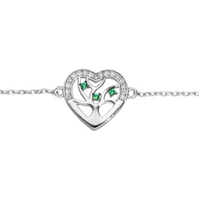 Bracelet en argent rhodié massif chaîne avec pastille coeur et arbre de vie avec pierres vertes 16+3cm