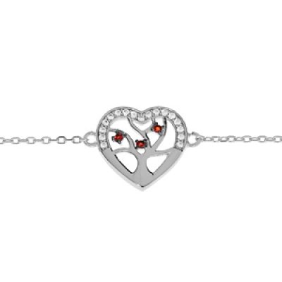 Bracelet en argent rhodié massif chaîne avec coeur découpe arbre de vie avec pierres rouges 16+3cm