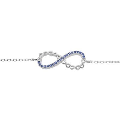 Bracelet en argent rhodié chaîne avec motif infini et oxydes bleus 16+3cm