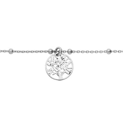Bracelet en argent rhodié chaîne avec fines boules et pampille arbre de vie 16+3cm