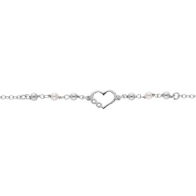 Bracelet en argent rhodié chaîne avec boules et perles blanches de synthèse avec coeur et infini 16+3cm