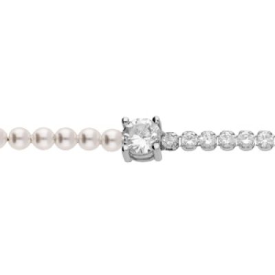 Bracelet en argent rhodié 1 coté rivière d'oxydes blancs et 1 coté perles blanches de synthèse avec oxyde rond blanc serti 16+3cm