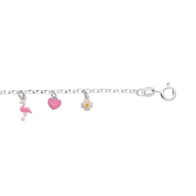 Bracelet enfant en argent rhodié chaîne avec pampille coeurs