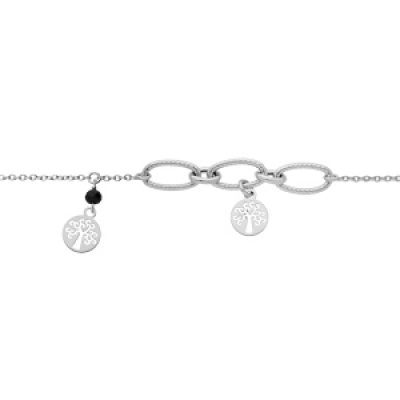Bracelet en argent rhodié chaîne avec gros maillons et pampilles arbre de vie et pierre faceté de couleur noire 16+3cm