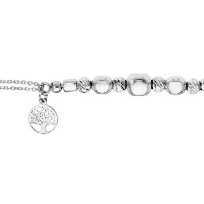 Bracelet en argent rhodié avec rangée cubes et boules et pampilles arbre de vie 16+3cm