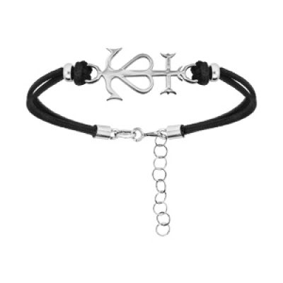 Bracelet en argent rhodié cordon doublé noir avec croix camarguaise 16+3cm