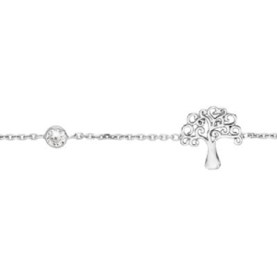 Bracelet en argent rhodié chaîne avec arbre de vie et 4 oxydes blancs sertis 17+3cm