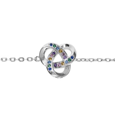 Bracelet en argent rhodié chaîne avec noeud d'oxydes multi couleurs sertis 16+3cm