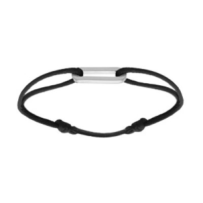 Bracelet en argent rhodié cordon noir coulisant avec motif rectangulaire 9 x 20 x 2mm