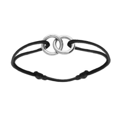 Bracelet en argent rhodié cordon noir coulisant avec motif 2 anneaux entrelacé 10 x 10mm