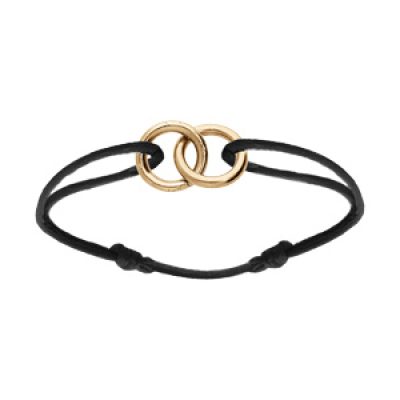 Bracelet en argent et doré jaune cordon noir coulisant avec motif 2 anneaux entrelacé 10 x 10mm