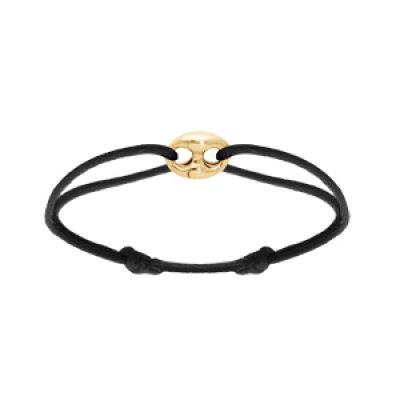 Bracelet en argent et doré cordon noir coulisant avec motif grain de café 9 x 12mm
