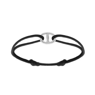 Bracelet en argent rhodié cordon noir coulisant avec maille marine 12 x 8mm