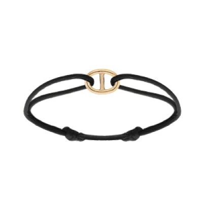 Bracelet en argent doré cordon noir coulisant avec maille marine 12 x 8mm
