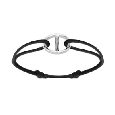 Bracelet en argent rhodié cordon noir coulisant avec maille marine 13 x 18mm