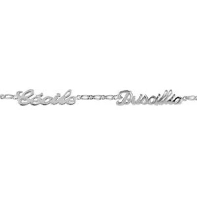 Bracelet en argent chaîne mailles 1+1 largeur 2mm avec découpe anglaise 2 prénoms - longueur 18