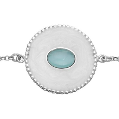 Bracelet en argent rhodié chaîne avec rond blanc et cabochon bleu 16+3cm