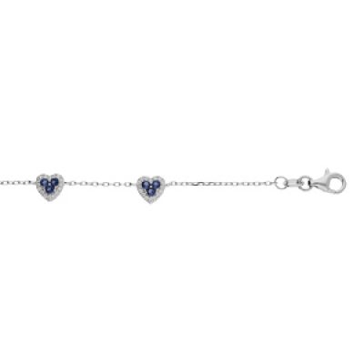 Bracelet en argent rhodié chaîne avec coeurs oxydes bleus et blancs sertis 16+3cm
