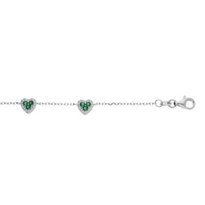 Bracelet en argent rhodié chaîne avec coeurs oxydes verts et blancs sertis 16+3cm