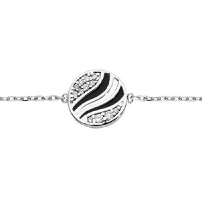 Bracelet en argent rhodié chaîne avec médaille motifs oxydes noirs et blancs 16+3cm