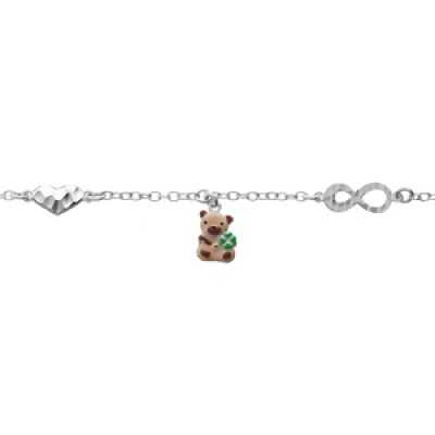 Bracelet en argent rhodié motif chaîne avec infini et coeur avec pampille ourson 12