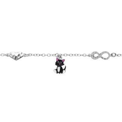 Bracelet en argent rhodié chaîne avec motif infini et coeur et chat noir et blanc 12