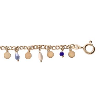 Bracelet en argent et dorure jaune chaîne avec pampilles pastilles et pierres facetées bleues 16+3cm
