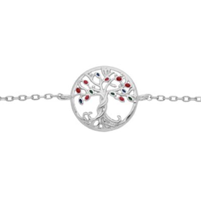 Bracelet en argent rhodié chaîne avec pastille arbre de vie multi couleurs 15+2.5cm