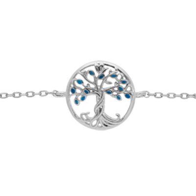 Bracelet en argent rhodié chaîne avec pastille arbre de vie couleur bleue 15+2.5cm