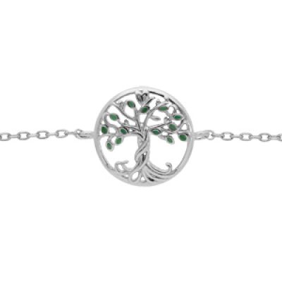 Bracelet en argent rhodié chaîne avec pastille arbre de vie couleur verte 15+2.5cm