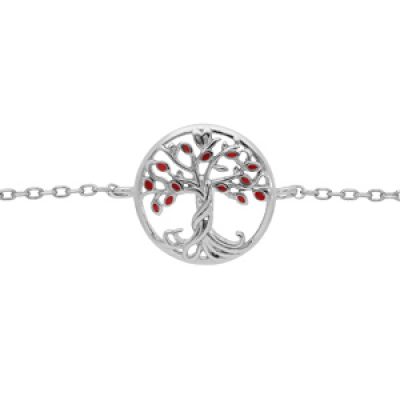 Bracelet en argent rhodié chaîne avec pastille arbre de vie couleur rouge 15+2.5cm