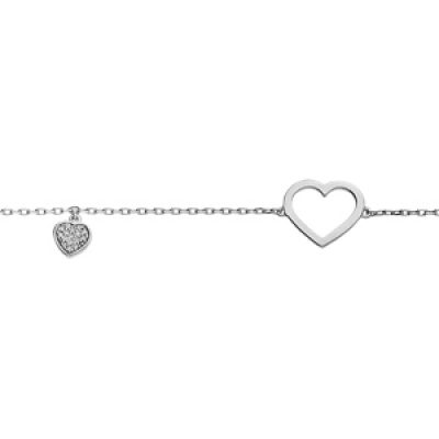 Bracelet en argent platiné chaîne avec coeur évidé et pampille coeur oxydes blancs sertis 16+3cm