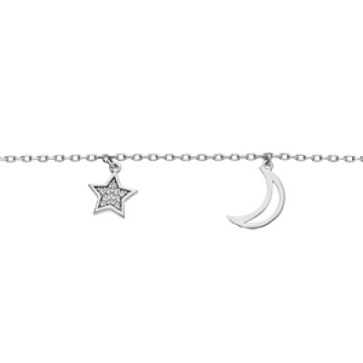 Bracelet en argent platiné chaîne avec pampilles lune évidée et étoile pavée d'oxydes blancs sertis 16+3cm
