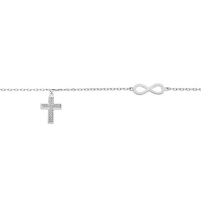 Bracelet en argent platiné infini et pampille croix oxydes blancs sertis 16+3cm