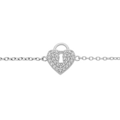 Bracelet en argent rhodié chaîne avec motif cadenas coeur pavé oxydes blancs 16+2cm
