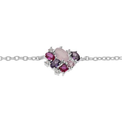 Bracelet en argent rhodié chaîne avec géométrie d'oxydes roses et violet 16+2cm