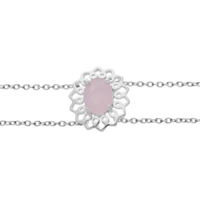 Bracelet en argent rhodié double chaîne avec motif fleur et pierre rose 16+3cm