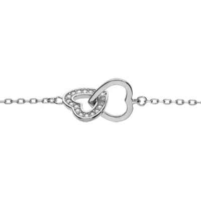 Bracelet en argent rhodié chaîne avec 2 coeurs entrelacés lisse et avec oxydes blancs sertis 16+3cm
