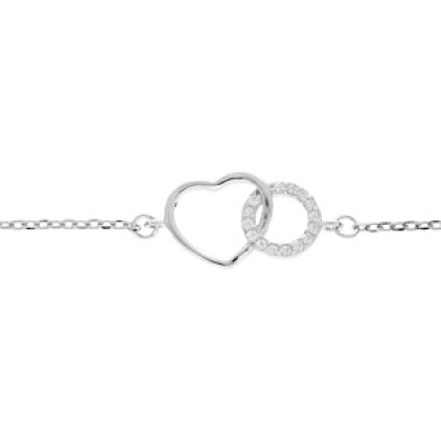 Bracelet en argent rhodié chaîne avec cercle oxydes blancs sertis entrelacé avec coeur lisse 16+3cm