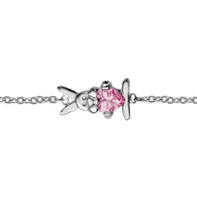 Bracelet pour enfant en argent rhodié chaîne avec 1 lapin tenant 1 oxyde rose au milieu - longueur 14cm + 2cm de rallonge