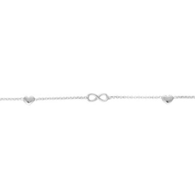 Bracelet en argent rhodié chaîne avec motif infini et 2 coeurs 16+3cm