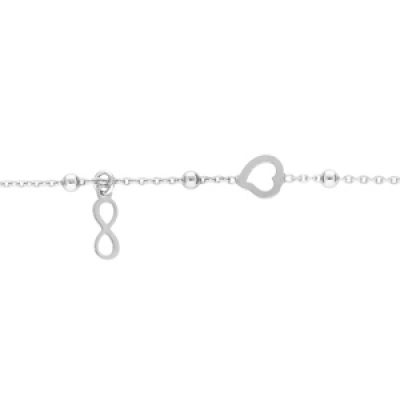Bracelet en argent rhodié chaîne avec boules avec 1 coeur et 1 pampille infini 16+3cm