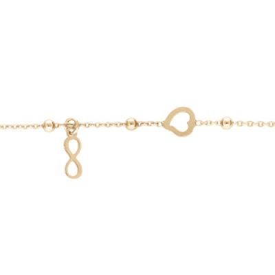 Bracelet en argent et dorure jaune chaîne avec boules avec 1 coeur et 1 pampille infini 16+3cm