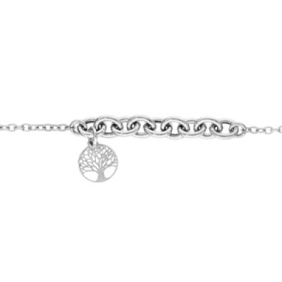 Bracelet en argent rhodié chaîne avec mailles avec pampille arbre de vie 16+3cm
