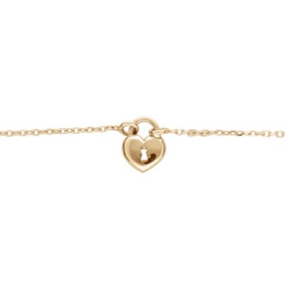 Bracelet en argent et dorure jaune chaîne avec coeur serrure 16+3cm