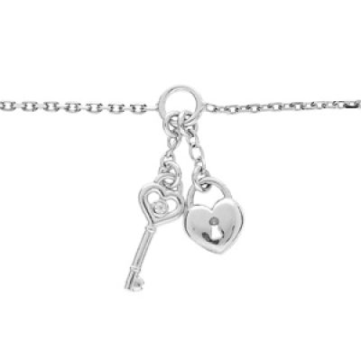 Bracelet en argent rhodié chaîne avec pampille coeur serrure et clé 16+3cm