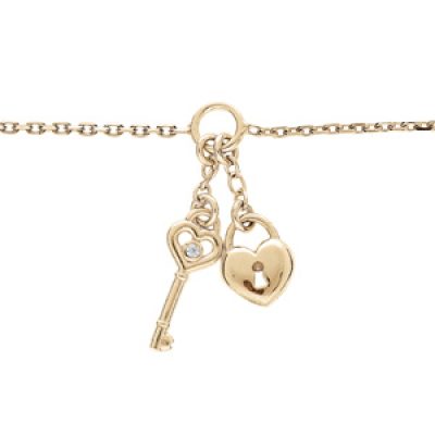 Bracelet en argent et dorure jaune chaîne avec pampille coeur serrure et clé 16+3cm