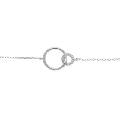 Bracelet en argent rhodié chaîne avec 2 ronds avec oxydes blancs sertis et 1 lisse 16+3cm