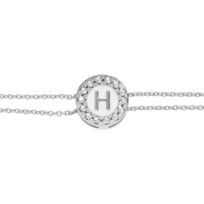 Bracelet en argent rhodié double chaîne pastille ronde recto initiale H verso noir avec contour oxydes blancs sertis 16+3cm